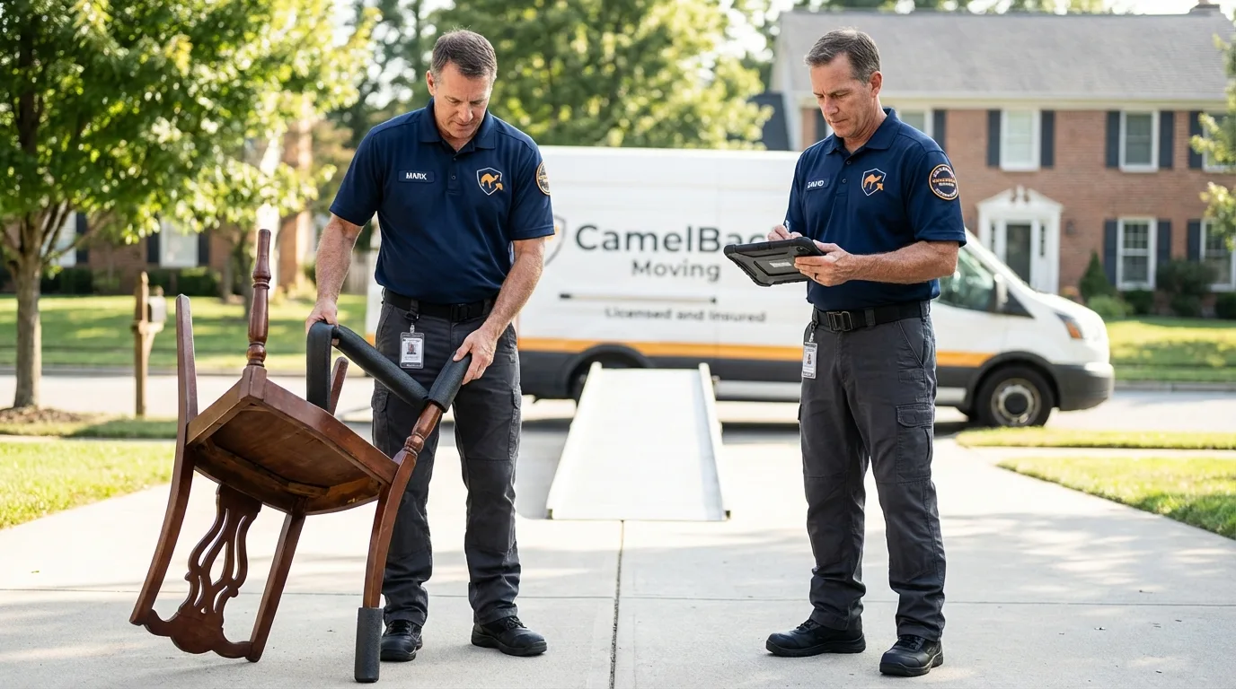 Movers inspecting furniture for damage prevention before loading in Muscoda, WI