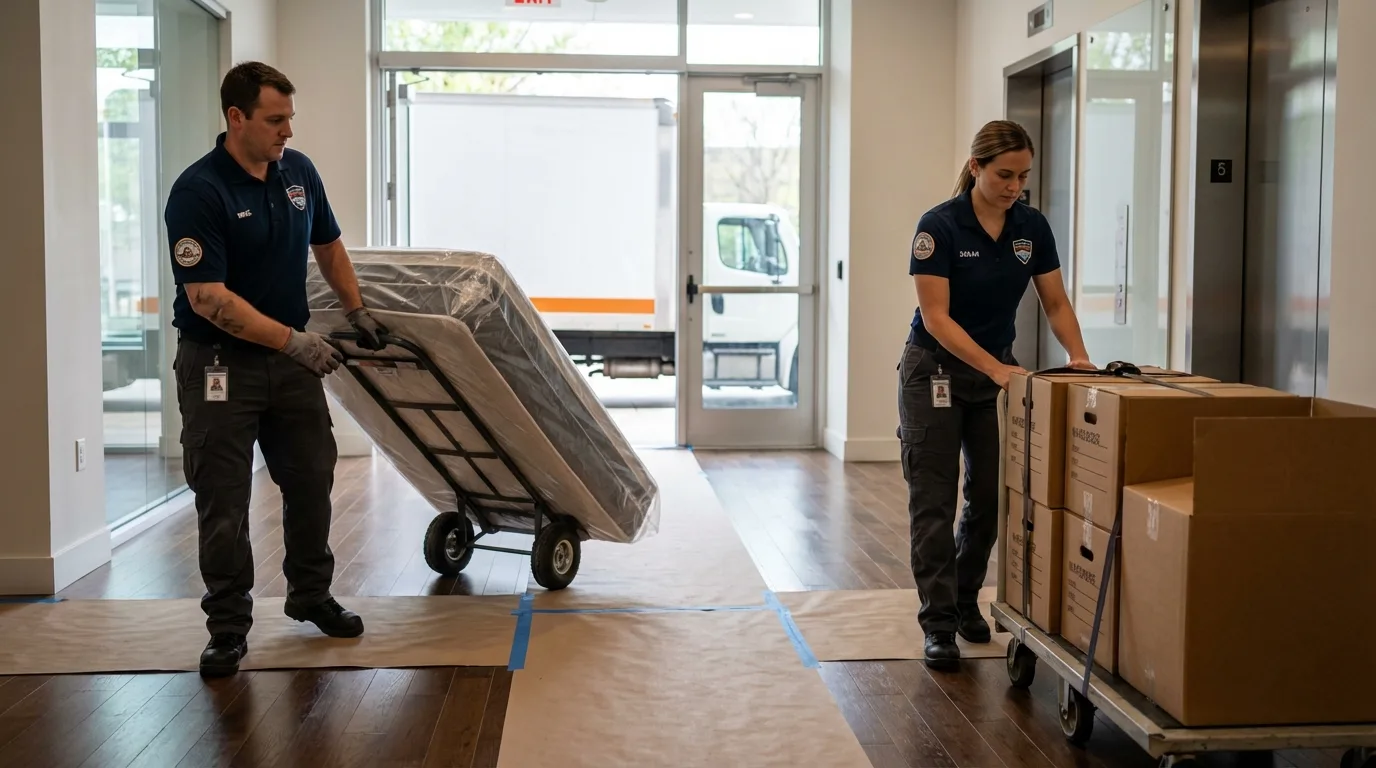 Professional apartment movers loading elevator in Muscoda, WI