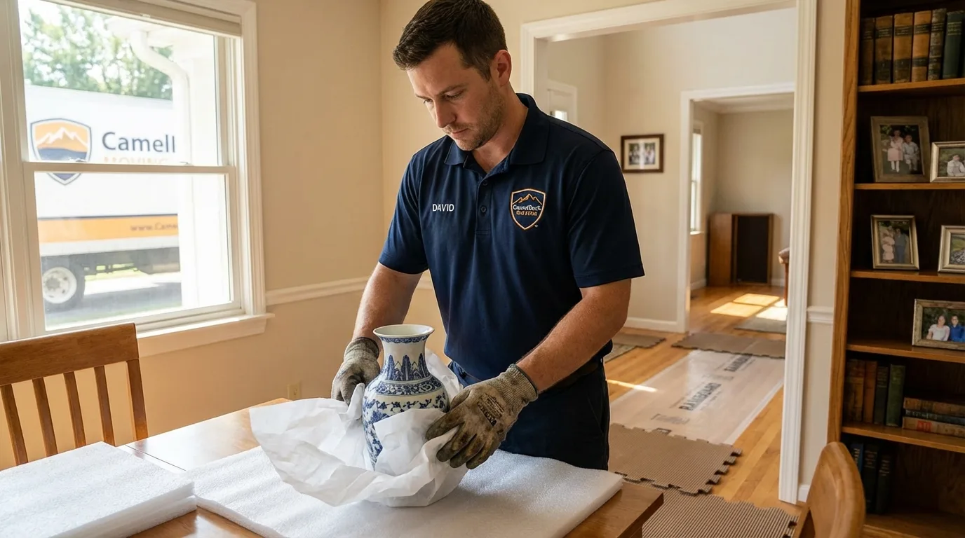 Professional crew carefully wrapping antique vase for senior downsizing move in Muscoda, WI